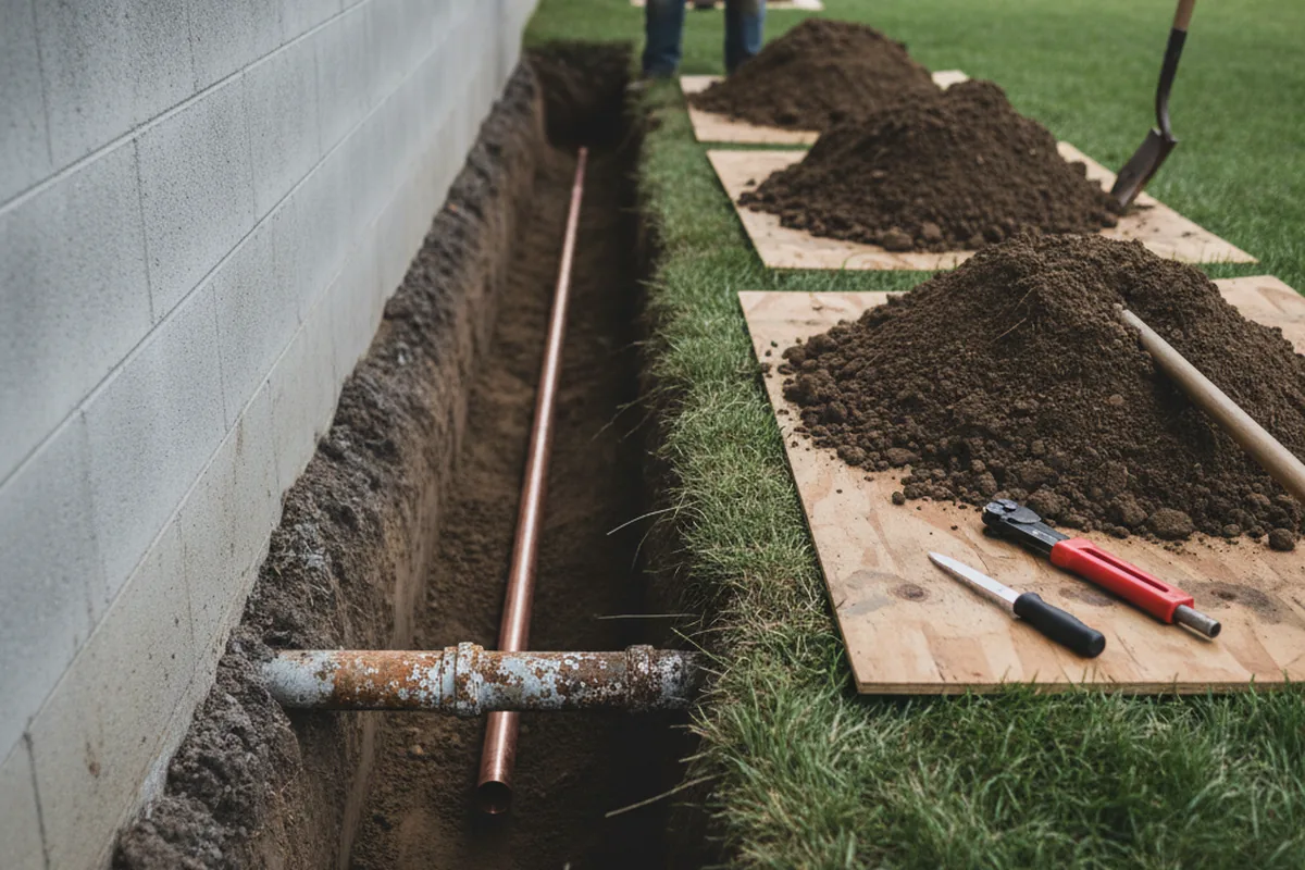 Excavated water line trench during Sewer Line Repair in Cherryville